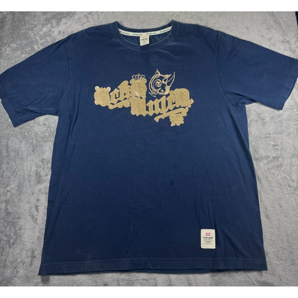 Ecko Unltd Gothic Logo T-Shirt Navy Blue Gold Vintage 2000s Y2K Mens 2XL
